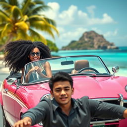 A dynamic scene featuring a girl with curly black hair confidently driving a pink Jaguar convertible, with her friend, who has straight long black hair, sitting beside her with an amused expression