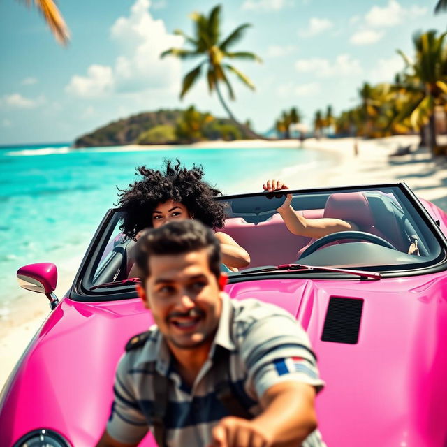 A dynamic scene featuring a girl with curly black hair confidently driving a pink Jaguar convertible, with her friend, who has straight long black hair, sitting beside her with an amused expression