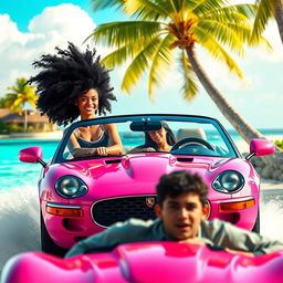 A dynamic scene featuring a girl with curly black hair confidently driving a pink Jaguar convertible, with her friend, who has straight long black hair, sitting beside her with an amused expression