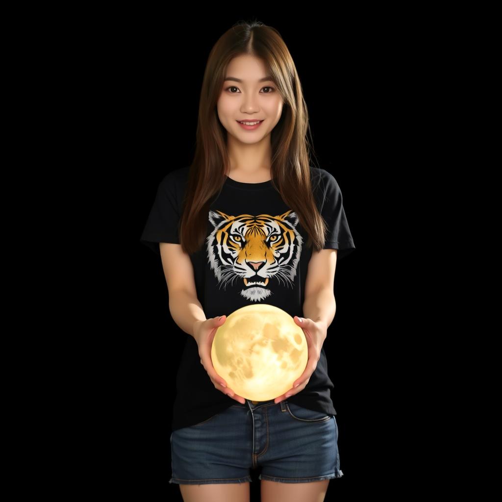 A beautiful Korean woman wearing a black t-shirt with a tiger graphic, paired with short denim jeans