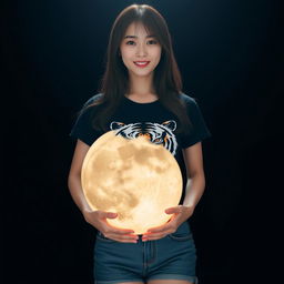 A beautiful Korean woman wearing a black t-shirt with a tiger graphic, paired with short denim jeans