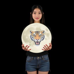 A beautiful Korean woman wearing a black t-shirt with a tiger graphic, paired with short denim jeans