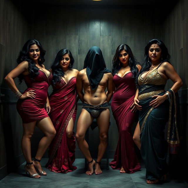 An atmospheric interrogation room scene featuring three stunning desi women, all incredibly sexy and beautiful, showcasing their curvy hourglass figures and voluptuous bodies