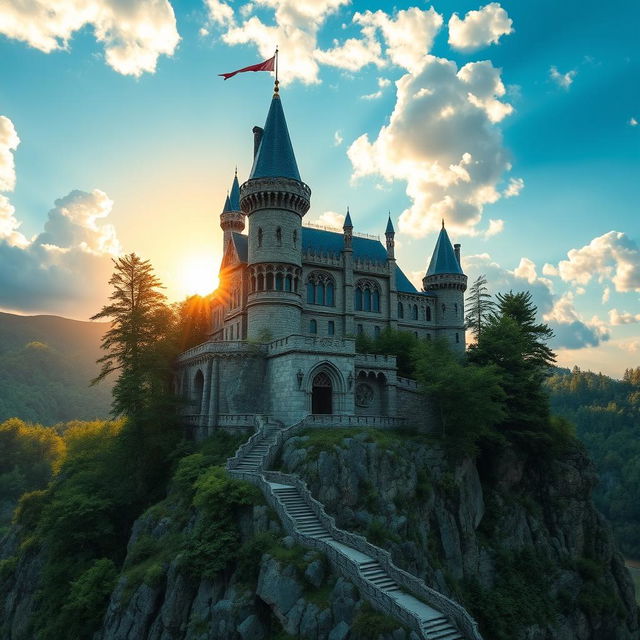 A majestic and imposing castle nestled atop a rocky cliff, surrounded by lush green forests