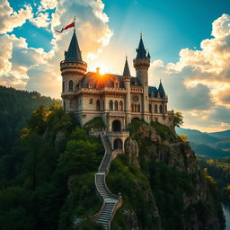A majestic and imposing castle nestled atop a rocky cliff, surrounded by lush green forests