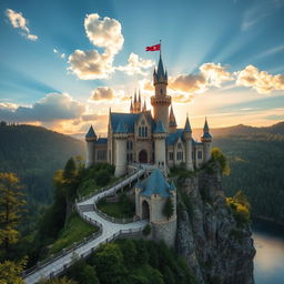 A majestic and imposing castle nestled atop a rocky cliff, surrounded by lush green forests