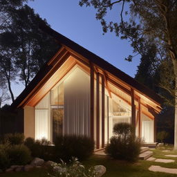 A residential building featuring a classic A-framed sloping roof, bathed in soft, warm daylight.