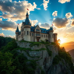 A majestic and imposing castle nestled atop a rocky cliff, surrounded by lush green forests