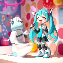 A vibrant and playful scene featuring a character inspired by 'Skibidi Toilet' interacting with Hatsune Miku, the beloved virtual pop star