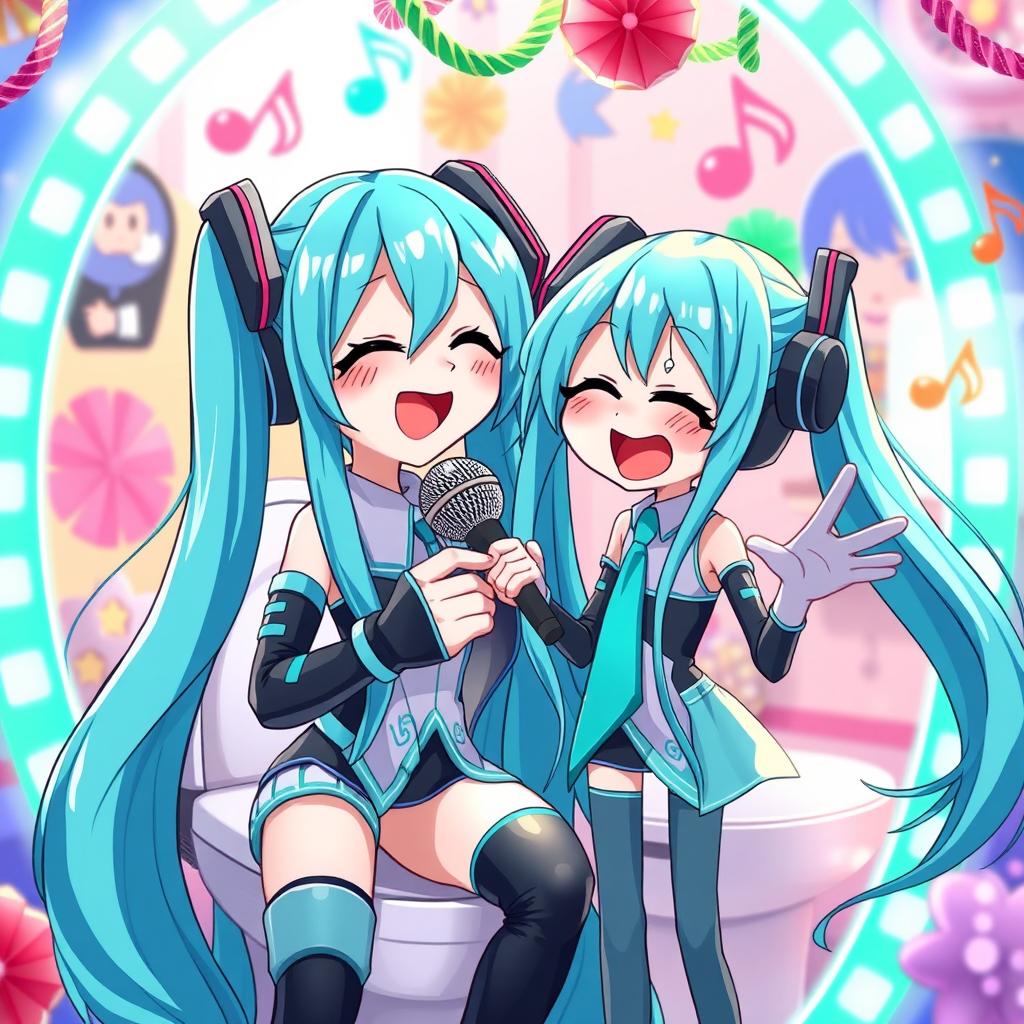 A vibrant and playful scene featuring a character inspired by 'Skibidi Toilet' interacting with Hatsune Miku, the beloved virtual pop star