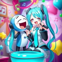 A vibrant and playful scene featuring a character inspired by 'Skibidi Toilet' interacting with Hatsune Miku, the beloved virtual pop star