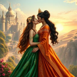 A romantic scene depicting two queens from different empires sharing a passionate kiss