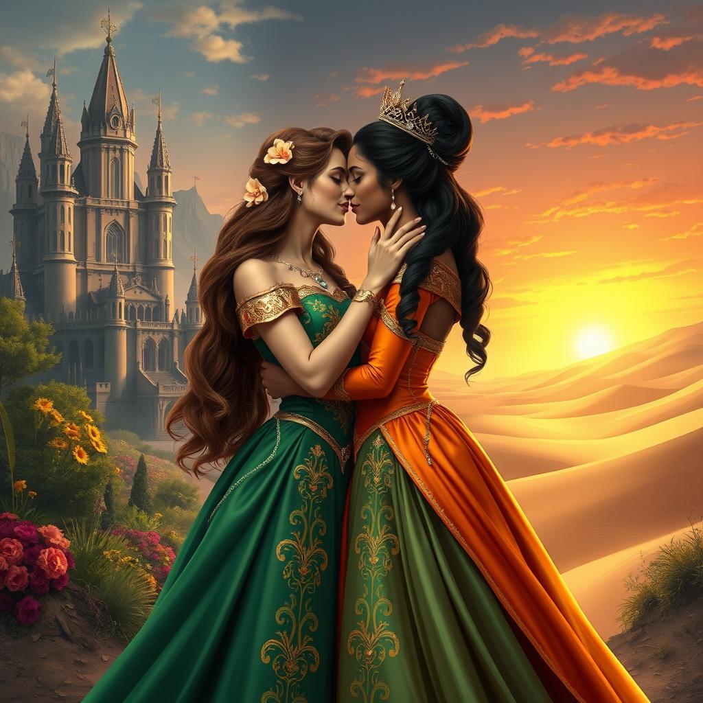 A romantic scene depicting two queens from different empires sharing a passionate kiss