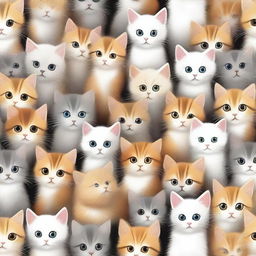 A delightful digital art image featuring a multitude of kittens in various playful poses