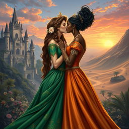 A romantic scene depicting two queens from different empires sharing a passionate kiss