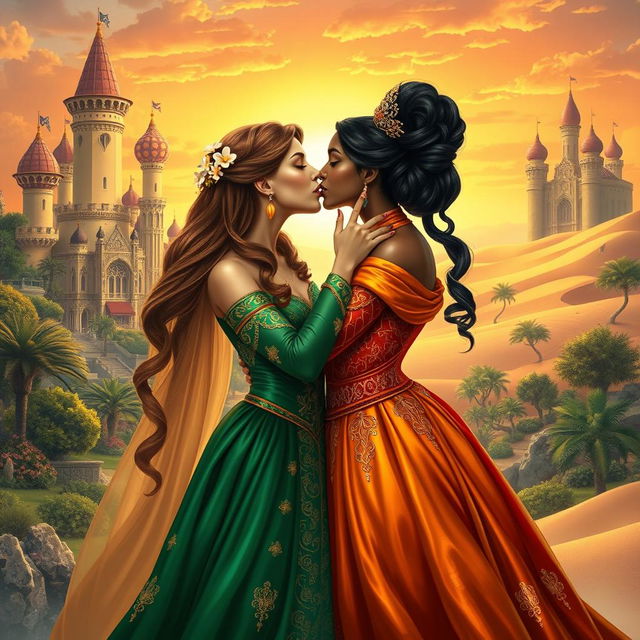 A romantic scene depicting two queens from different empires sharing a passionate kiss