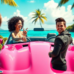 A lively scene featuring a white girl with curly black hair confidently driving a pink Jaguar convertible