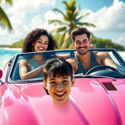 A lively scene featuring a white girl with curly black hair confidently driving a pink Jaguar convertible