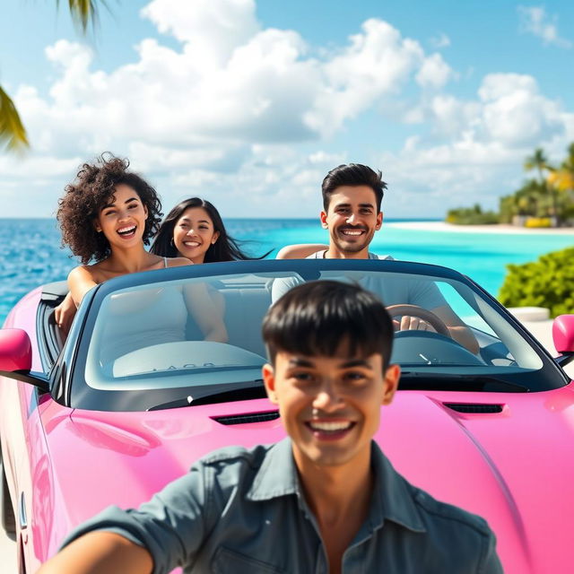 A lively scene featuring a white girl with curly black hair confidently driving a pink Jaguar convertible