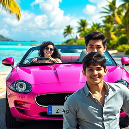 A lively scene featuring a white girl with curly black hair confidently driving a pink Jaguar convertible