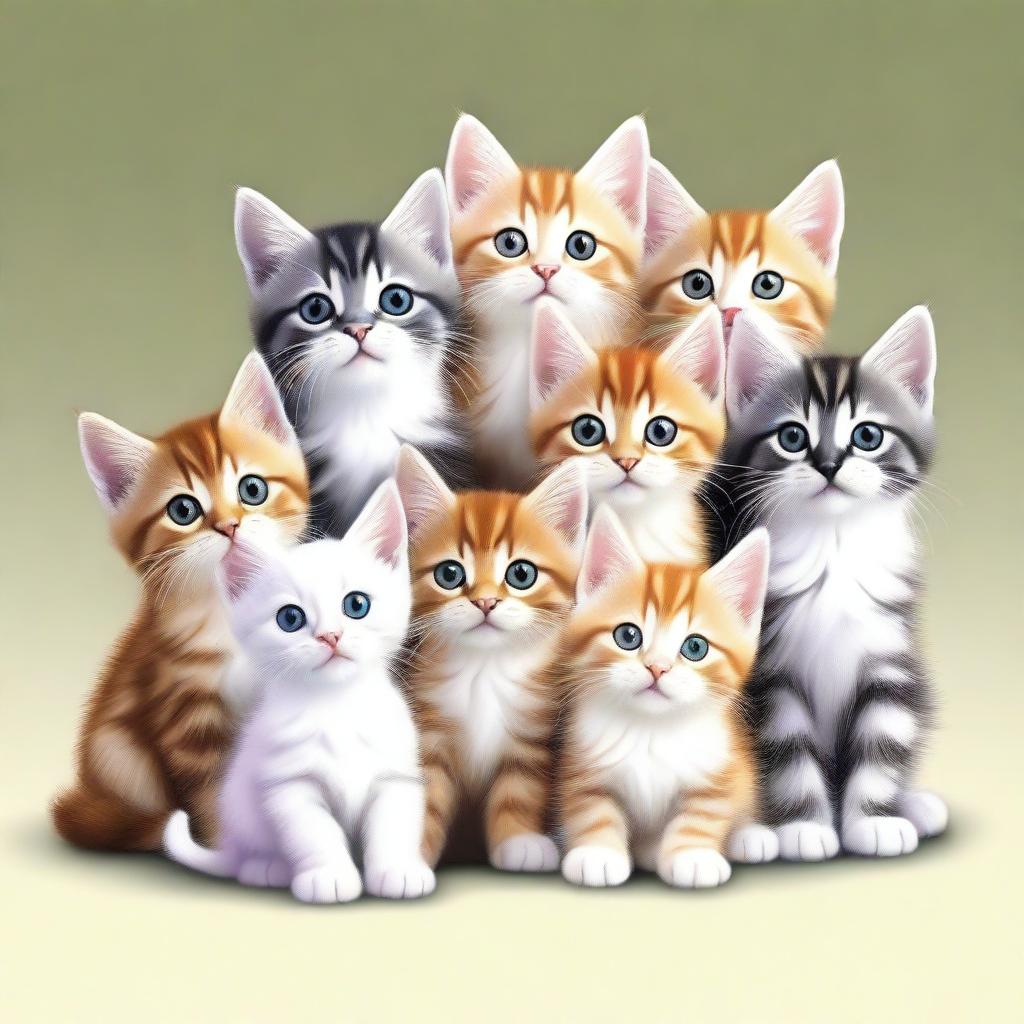 A delightful digital art image featuring a multitude of kittens in various playful poses