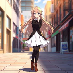 An anime girl with long flowing hair, wearing a stylish black and white frock that is slightly flared, paired with chic brown boots and sleek black tights