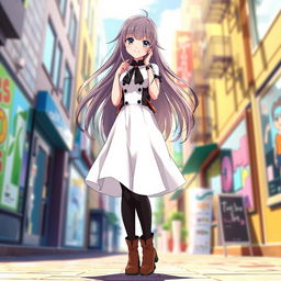 An anime girl with long flowing hair, wearing a stylish black and white frock that is slightly flared, paired with chic brown boots and sleek black tights
