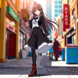 An anime girl with long flowing hair, wearing a stylish black and white frock that is slightly flared, paired with chic brown boots and sleek black tights