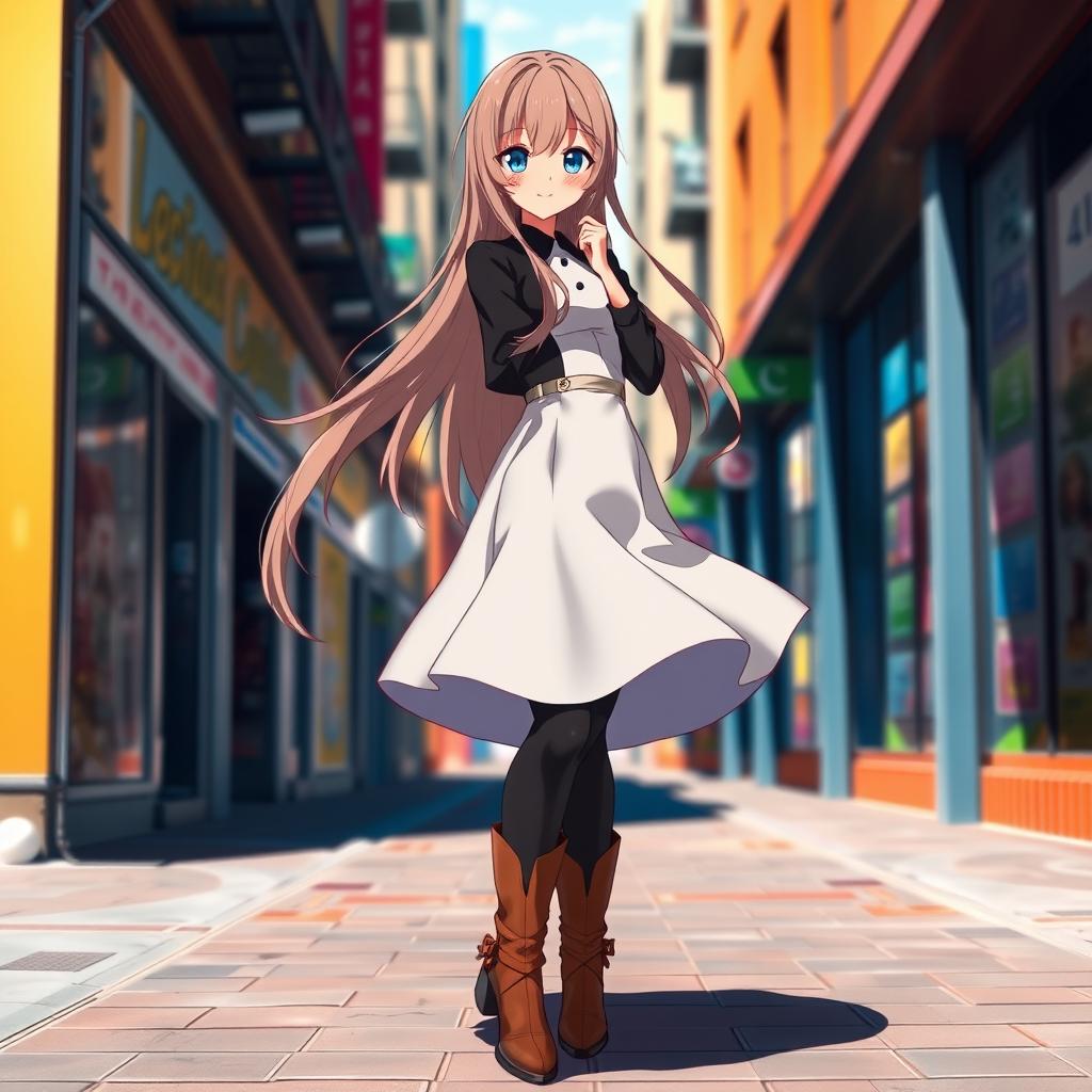 An anime girl with long flowing hair, wearing a stylish black and white frock that is slightly flared, paired with chic brown boots and sleek black tights