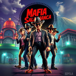 A vibrant and detailed poster featuring the Mafia Salamanca in an urban setting inspired by Bandung city, showcasing a dynamic 3D animation style