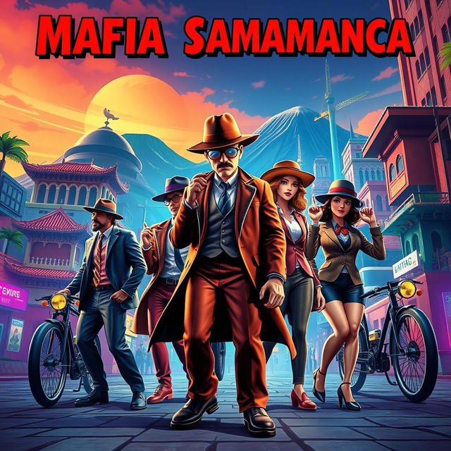 A vibrant and detailed poster featuring the Mafia Salamanca in an urban setting inspired by Bandung city, showcasing a dynamic 3D animation style