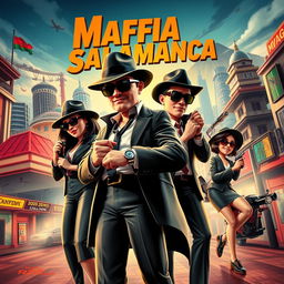 A vibrant and detailed poster featuring the Mafia Salamanca in an urban setting inspired by Bandung city, showcasing a dynamic 3D animation style