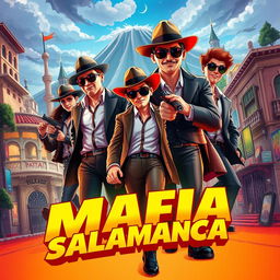 A vibrant and detailed poster featuring the Mafia Salamanca in an urban setting inspired by Bandung city, showcasing a dynamic 3D animation style
