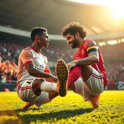 A captivating and intimate scene of two famous soccer players, Kylian Mbappé and Mohamed Salah, in a playful moment where Mbappé is gently kissing Salah's feet