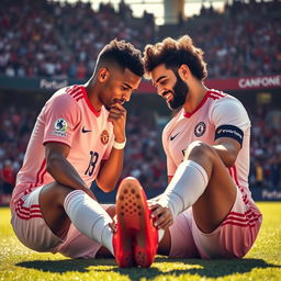 A captivating and intimate scene of two famous soccer players, Kylian Mbappé and Mohamed Salah, in a playful moment where Mbappé is gently kissing Salah's feet