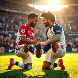 A captivating and intimate scene of two famous soccer players, Kylian Mbappé and Mohamed Salah, in a playful moment where Mbappé is gently kissing Salah's feet