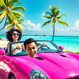 A lively and colorful scene featuring a white girl with curly black hair driving a vibrant pink Jaguar convertible