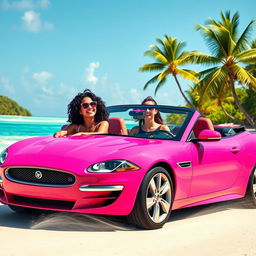 A lively and colorful scene featuring a white girl with curly black hair driving a vibrant pink Jaguar convertible