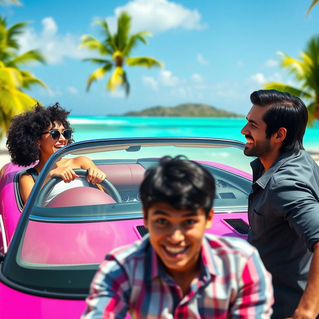 A lively and colorful scene featuring a white girl with curly black hair driving a vibrant pink Jaguar convertible