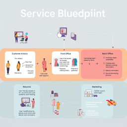 A detailed service blueprint diagram illustrating the process flow for Fabby, an online clothing rental service