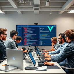 A highly professional and modern office setting depicting a team of developers working intently on a large screen displaying code and a visual representation of Vue