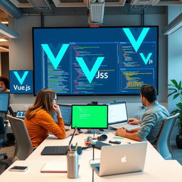 A highly professional and modern office setting depicting a team of developers working intently on a large screen displaying code and a visual representation of Vue