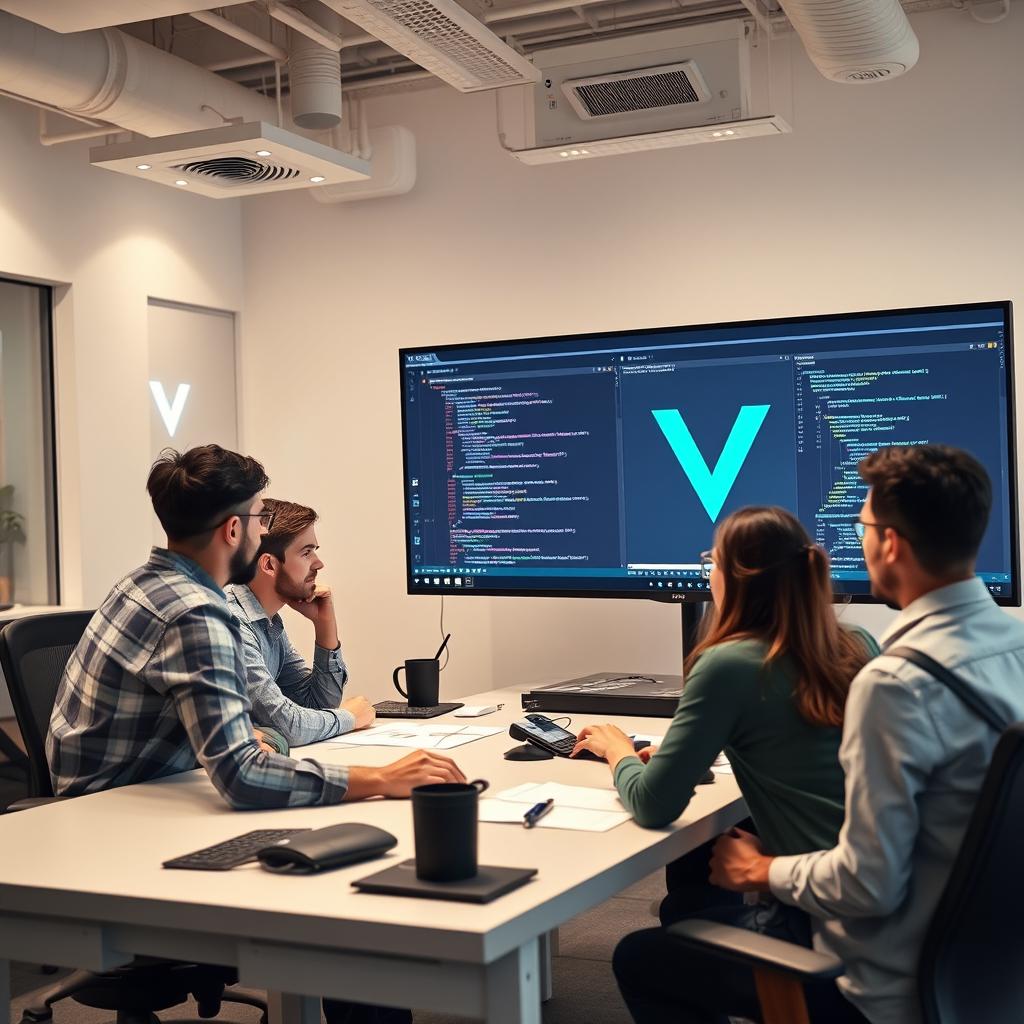 A highly professional and modern office setting depicting a team of developers working intently on a large screen displaying code and a visual representation of Vue