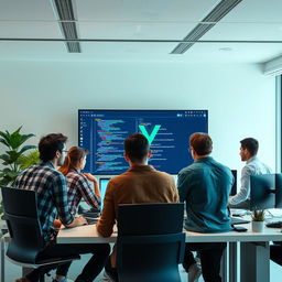 A highly professional and modern office setting depicting a team of developers working intently on a large screen displaying code and a visual representation of Vue