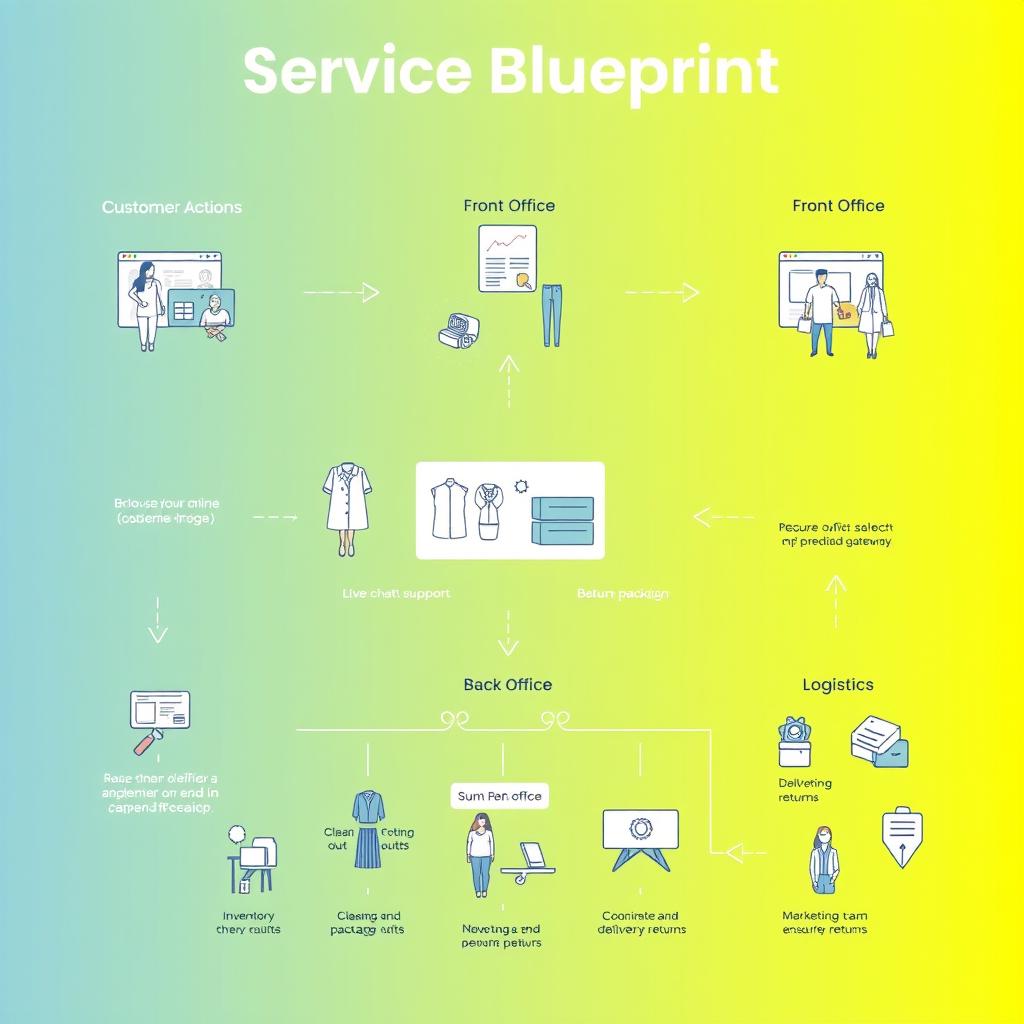 A detailed service blueprint visual for Fabby, depicting the end-to-end process of an online clothing rental service