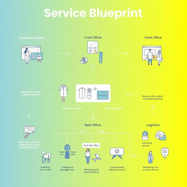 A detailed service blueprint visual for Fabby, depicting the end-to-end process of an online clothing rental service