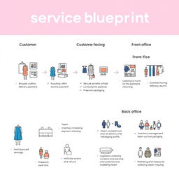 A detailed service blueprint visual for Fabby, depicting the end-to-end process of an online clothing rental service
