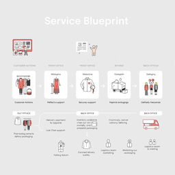 A detailed service blueprint visual for Fabby, depicting the end-to-end process of an online clothing rental service