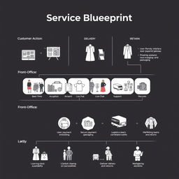A detailed service blueprint visual for Fabby, depicting the end-to-end process of an online clothing rental service