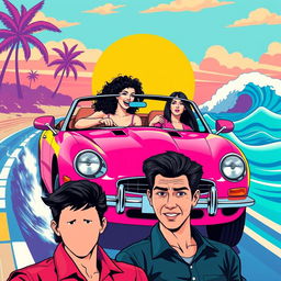 A vibrant pop art-themed poster depicting a white girl with curly black hair driving a bright pink Jaguar convertible
